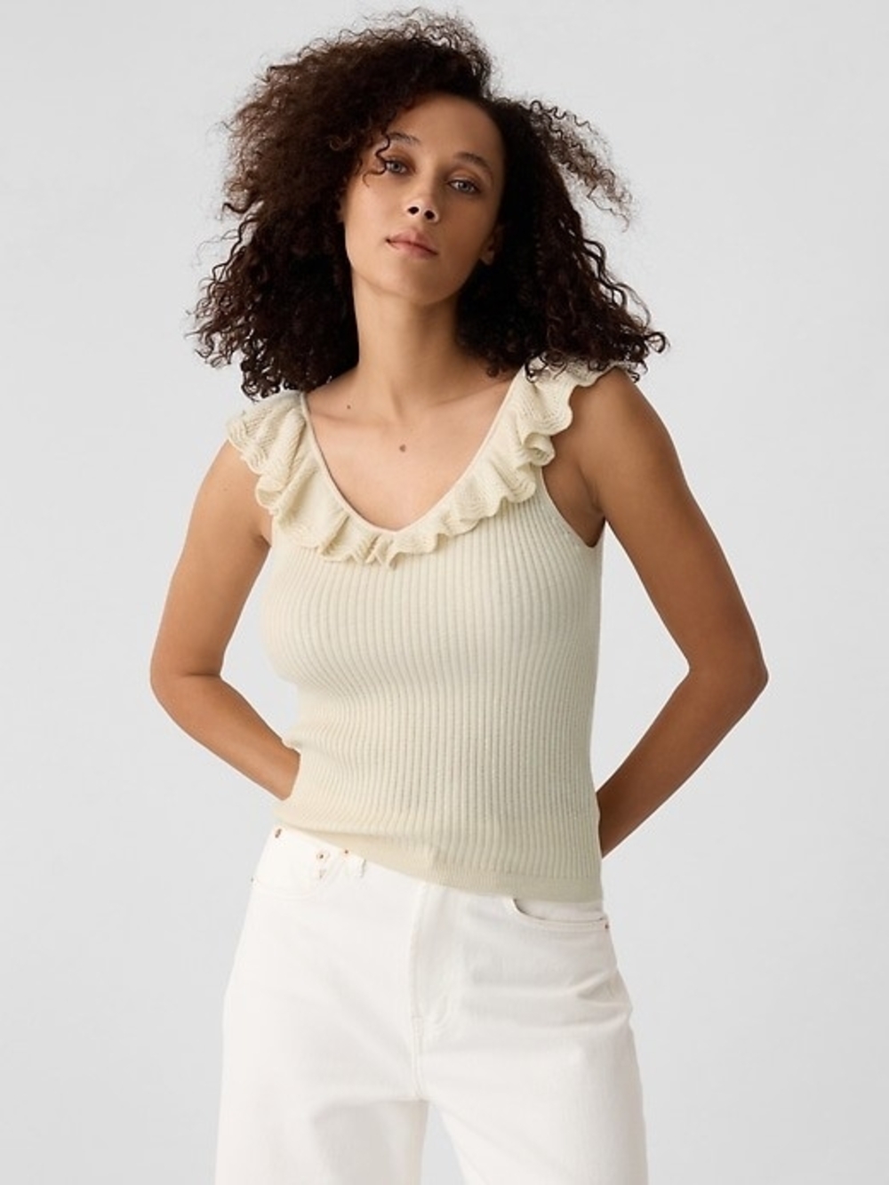 GAP Factory Cream Fitted Ruffled V-Neck Ribbed Tank - Picture 2 of 5